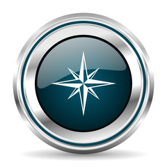 Compass vector icon. Chrome border round web button. Silver metallic pushbutton.