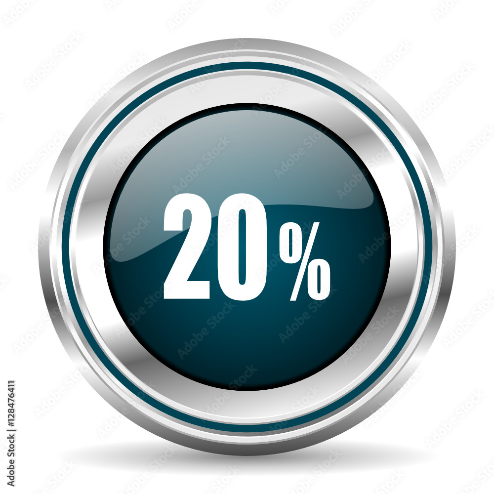 Poster 20 percent vector icon. Chrome border round web button. Silver metallic pushbutton.