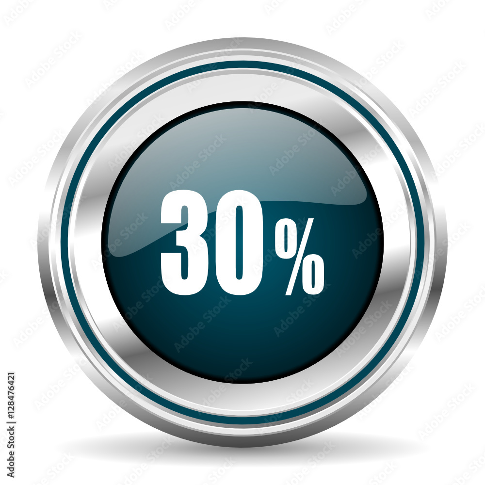 Poster 30 percent vector icon. Chrome border round web button. Silver metallic pushbutton.