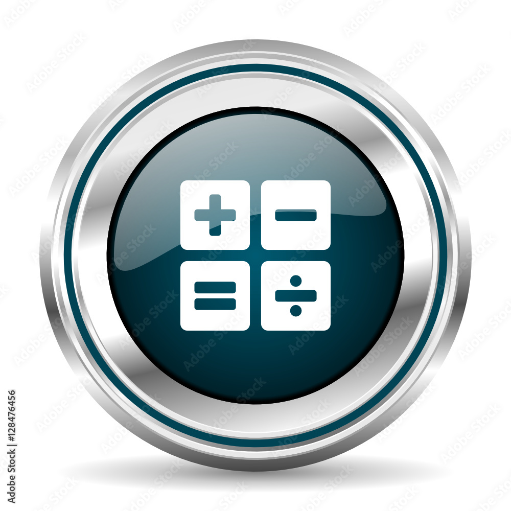 Poster Calculator vector icon. Chrome border round web button. Silver metallic pushbutton.