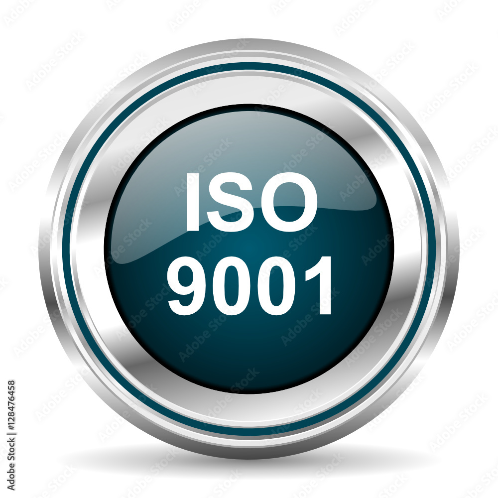 Aufkleber ISO 9001 vector icon. Chrome border round web button. Silver metallic pushbutton.