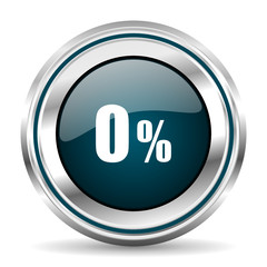 0 percent vector icon. Chrome border round web button. Silver metallic pushbutton.