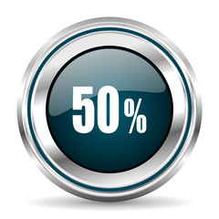 50 percent vector icon. Chrome border round web button. Silver metallic pushbutton.