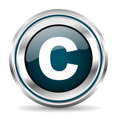 Copyright vector icon. Chrome border round web button. Silver metallic pushbutton.