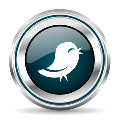 Obraz premium Twitter vector icon. Chrome border round web button. Silver metallic pushbutton.