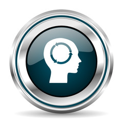 Head vector icon. Chrome border round web button. Silver metallic pushbutton.
