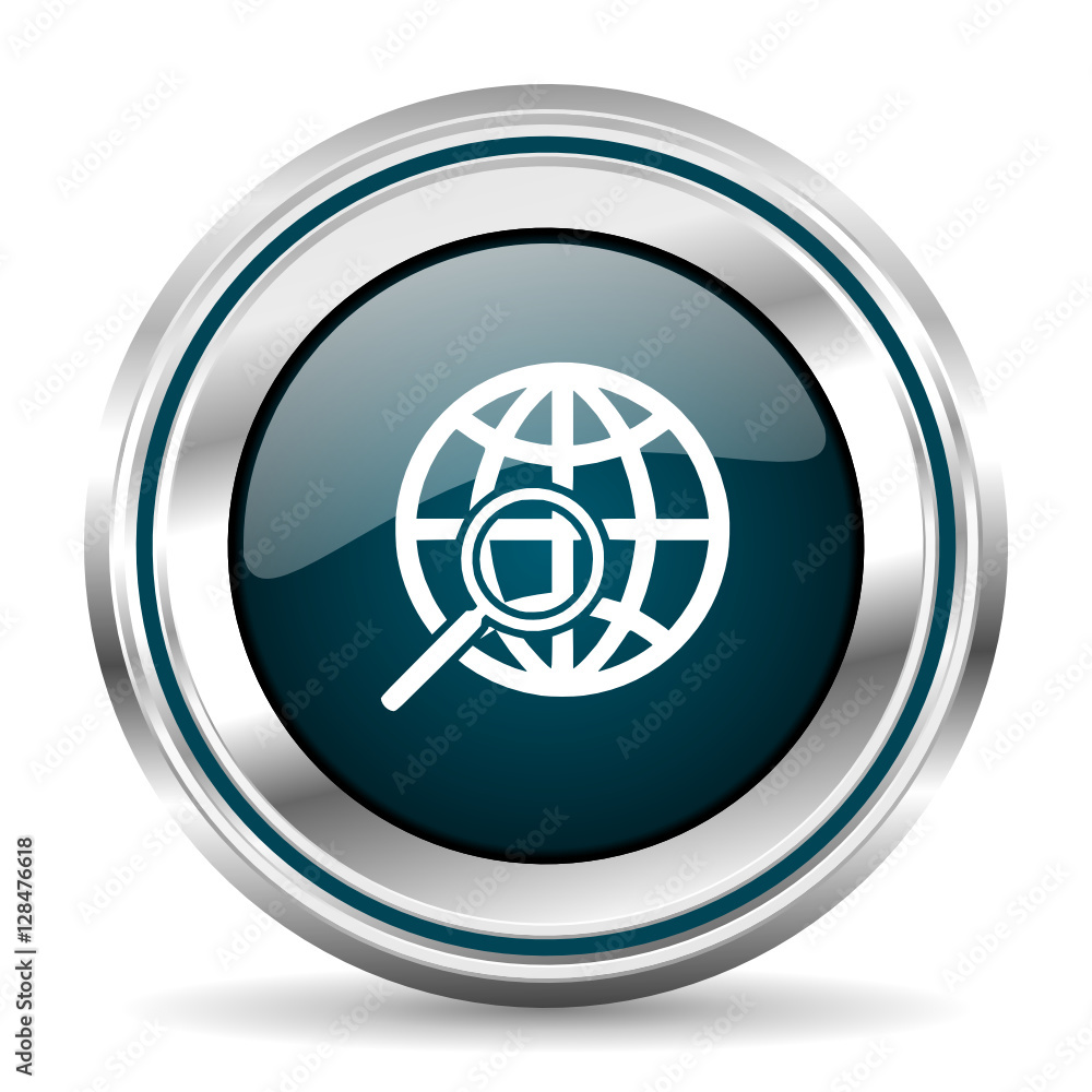 Poster Search vector icon. Chrome border round web button. Silver metallic pushbutton.