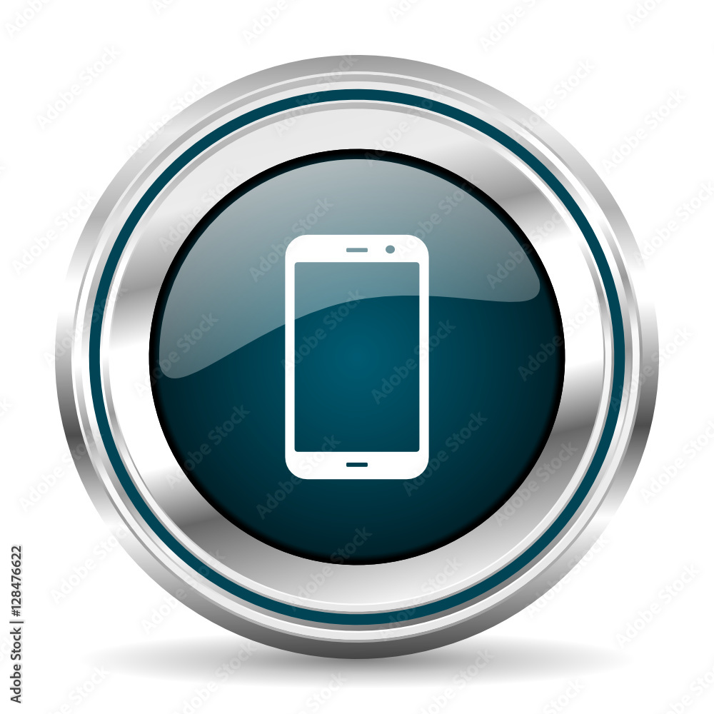 Poster Smartphone vector icon. Chrome border round web button. Silver metallic pushbutton.