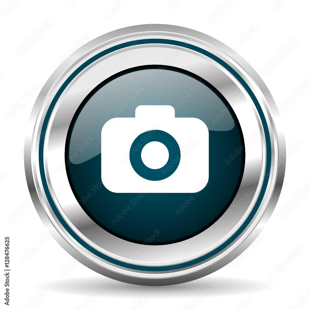 Aufkleber photo camera vector icon. chrome border round web button. silver metallic pushbutton.