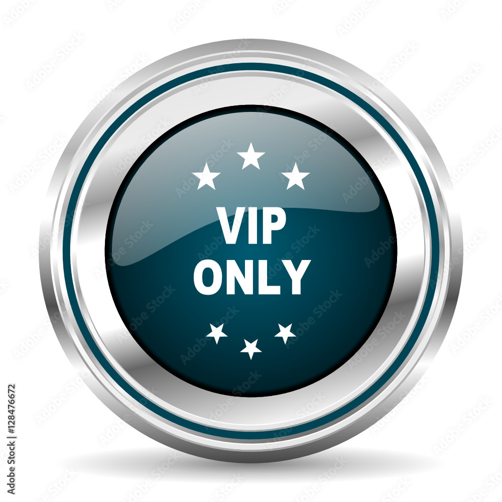 Aufkleber Vip only vector icon. Chrome border round web button. Silver metallic pushbutton.