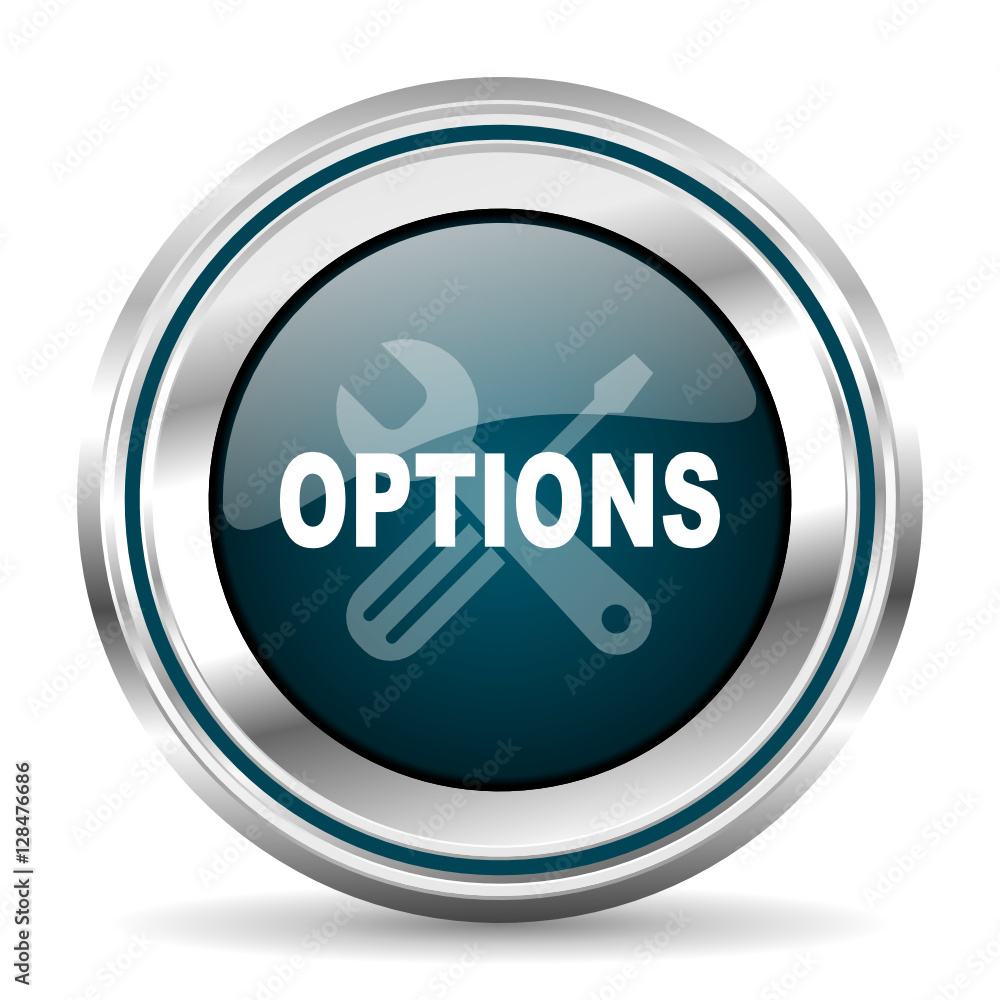 Poster Oprions vector icon. Chrome border round web button. Silver metallic pushbutton.