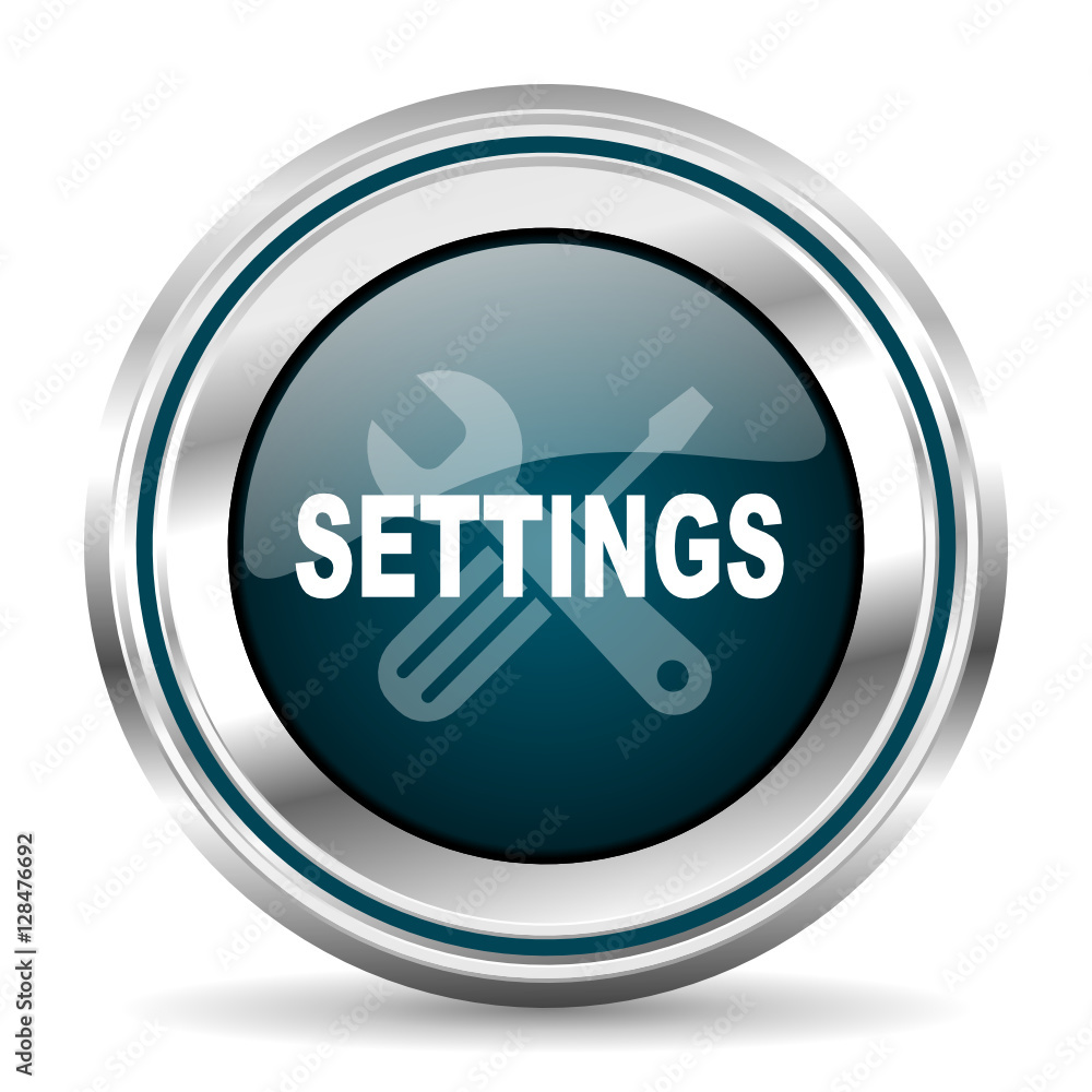 Poster Settings vector icon. Chrome border round web button. Silver metallic pushbutton.