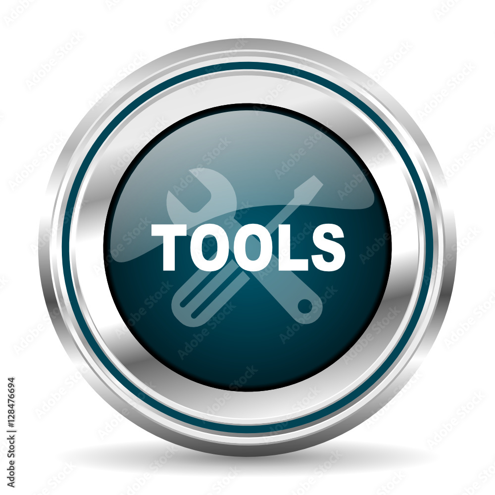 Poster Tools vector icon. Chrome border round web button. Silver metallic pushbutton.