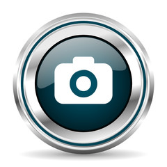 Photo camera vector icon. Chrome border round web button. Silver metallic pushbutton.