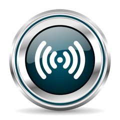 Wi fi vector icon. Chrome border round web button. Silver metallic pushbutton.