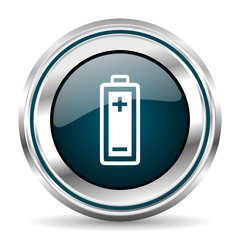 Battery  vector icon. Chrome border round web button. Silver metallic pushbutton.
