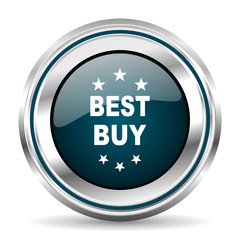 Best buy vector icon. Chrome border round web button. Silver metallic pushbutton.