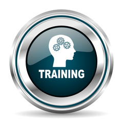 Training vector icon. Chrome border round web button. Silver metallic pushbutton.