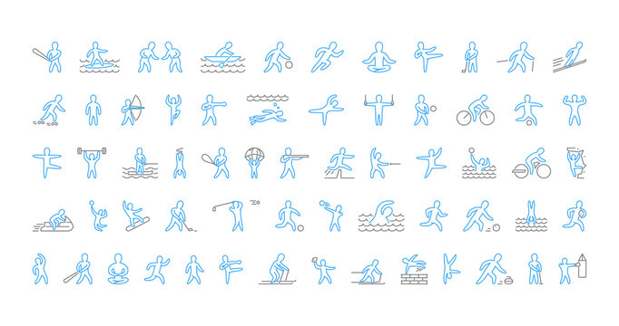Large line set of sports icons. Vector linear symbol of sportsme