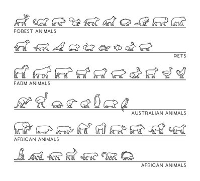 Vector line set of silhouettes animals.