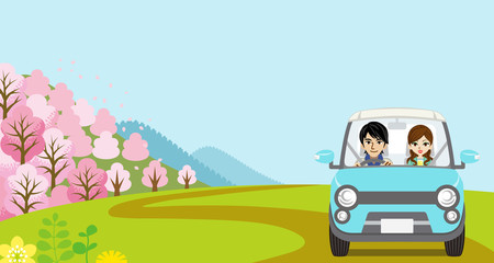 Car Driving in Spring nature, Young Couple  - Front view