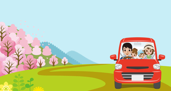 Car Driving in Spring nature, Young Family  - Front view