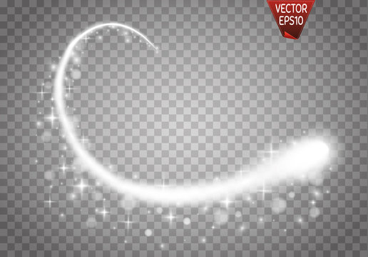 Set of magic glowing spark swirl trail effect isolated on transparent background. Bokeh glitter wave line with flying sparkling flash lights. Vector illustration