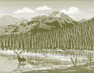 Naklejki  Drzeworyt ilustracja sceny górskiej z łosiem na pierwszym planie.