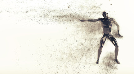 Abstract black plastic human body mannequin with scattering particles over white background. Action break dance electric pose. 3D rendering illustration