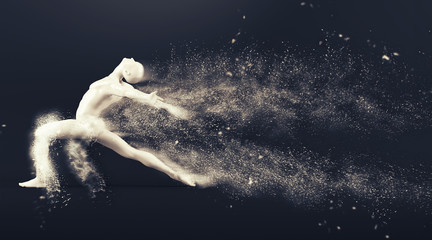 Obraz na płótnie Canvas Abstract white plastic human body mannequin with scattering particles over black background. Action dance ballet pose. 3D rendering illustration