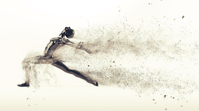 Abstract black plastic human body mannequin with scattering particles over white background. Action dance ballet pose. 3D rendering illustration