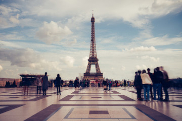 Eiffel Tower. Paris. France. Famous historical landmark on the quay of a river Seine. Romantic, tourist, architecture symbol. Toned