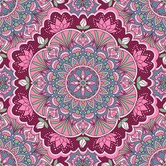 Oriental seamless pattern. Colored square Arabic, Indian, American, Moroccan ethnic ornament such as adult coloring book, batik, t-shirt print. Mandala. Vector illustration.