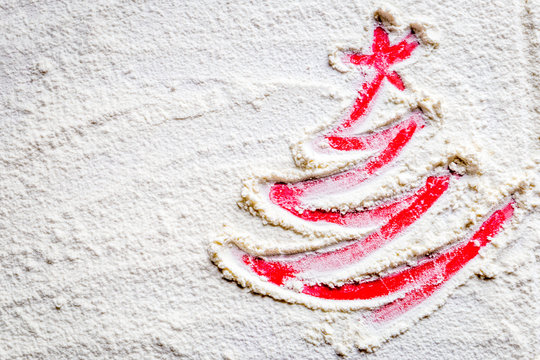 Red Christmas Tree of the Flour, Top View, Free Space for Text, Merry Christmas Background