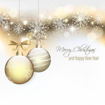 Christmas card with hanging baubles and snowflakes. Happy New Year.