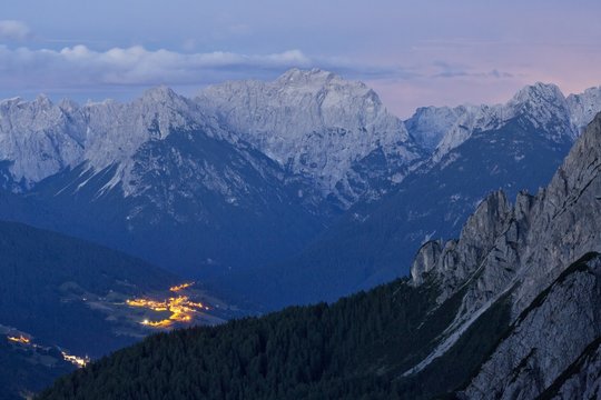 Twilight on Comelico valley from the refuge Berti, Vallon di Popera, Veneto, Europe, Italy