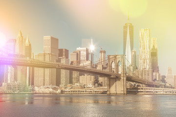Fototapeta na wymiar Vintage style Skyline of downtown New York City at early morning