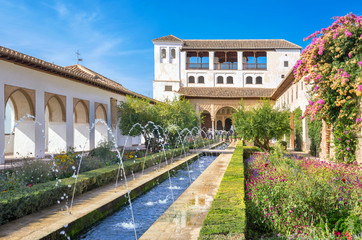 Patio de la Acequia of Generalife in Alhambra palace. Granada, S