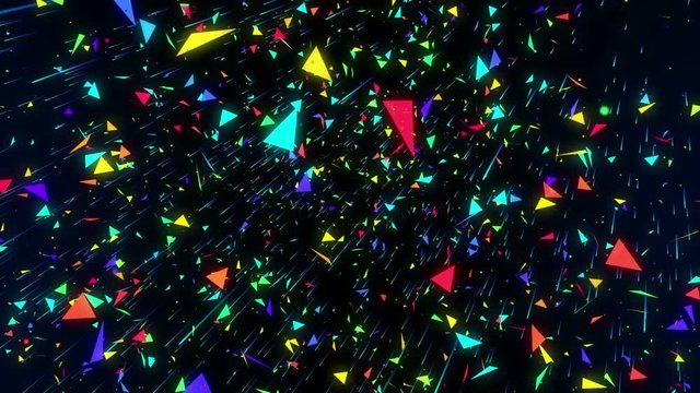 Seamless abstract animation geometric triangle flying like rain. Colorful triangle in polygon shape scene moving and spinning rotate background for music, dance, and concert concept.