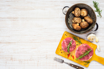 Mushrooms with Raw Meat and Copy Space