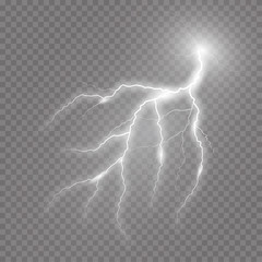 Realistic vector lightning  on checkered background. Bright, electric lightning.