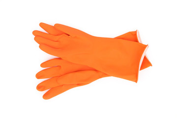 Orange color rubber gloves  for cleaning on white background, wo