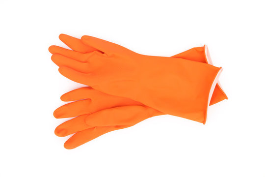 Orange Color Rubber Gloves  For Cleaning On White Background, Wo