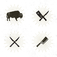 Set of steak house, butcher house and meat tools - crossed carving knives for steak, cut, bison with sun bursts. Retro letterpress design of steak house, bbq equipment. Stock vector © jeksonjs