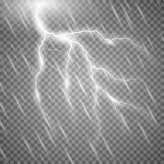 Realistic vector lightning  with rain on checkered background. Bright, electric lightning.