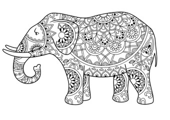 Hand drawn decorative outline elephant with Indian patterns. Adult coloring book page. Horizontal drawing with ethnic ornament. Vector illustration