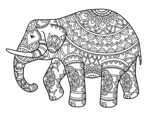 Hand drawn decorative outline elephant with Indian patterns. Adult coloring book page. Horizontal drawing with ethnic ornament. Vector illustration