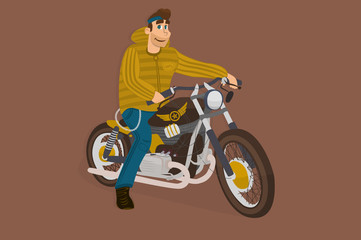 Cartoon motorcycle with driver. vintage stylish bike. flat design for logo