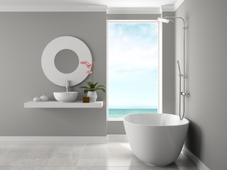 Fototapeta na wymiar Interior of bathroom with sea view 3D rendering