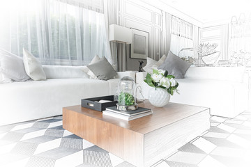 interior sketch design of modern living room with modern chair a